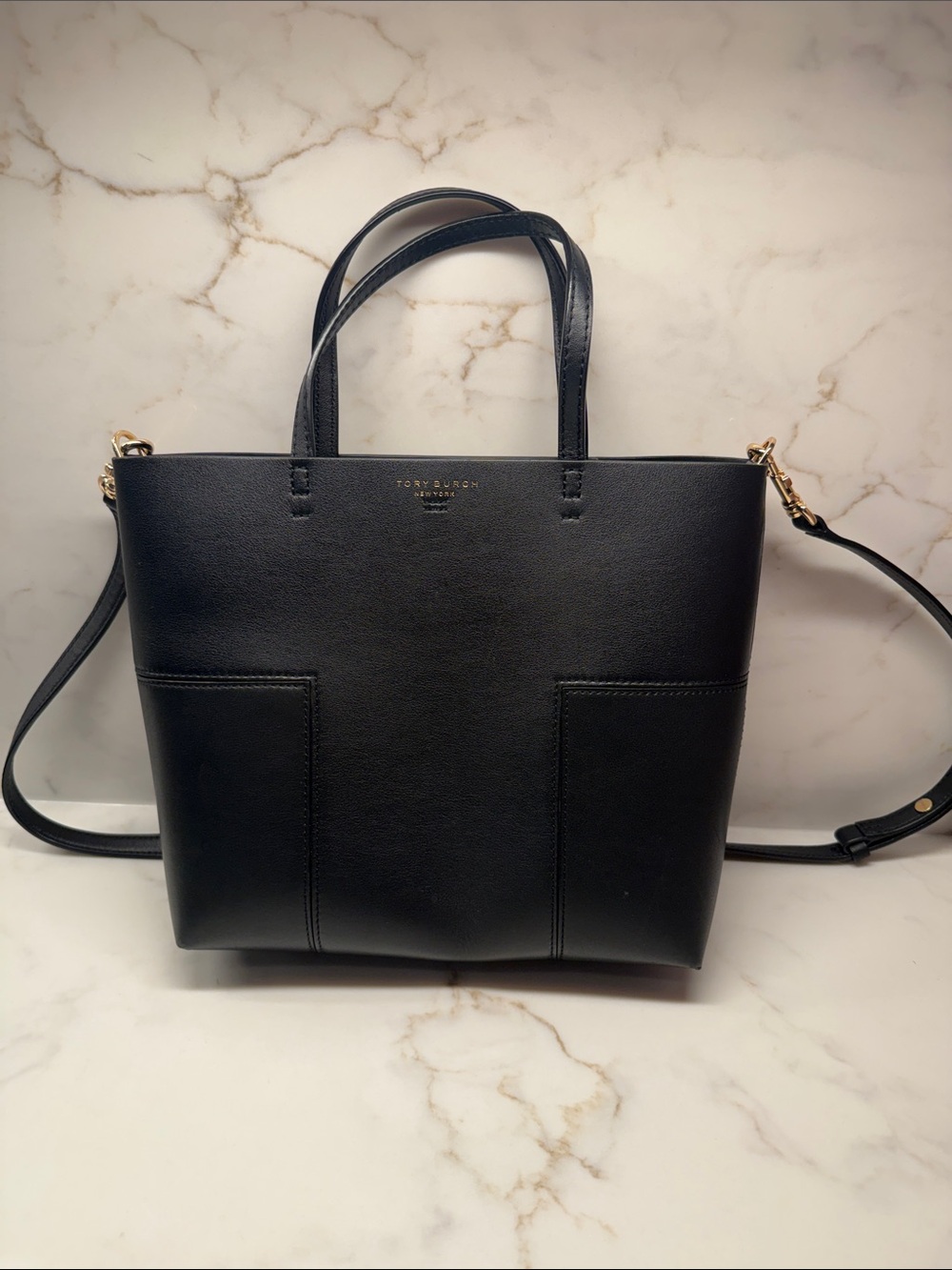 Tory Burch Black Leather Tote with Detachable Strap